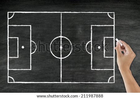 hand drawing football field with chalk on blackboard