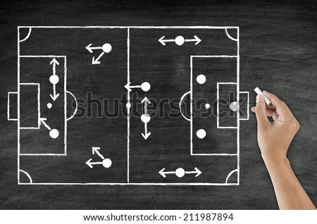 hand writing football tactic witk chalk on blackboard