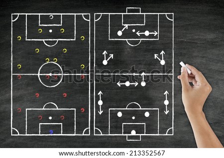 hand writing football tactic with chalk on blackboard