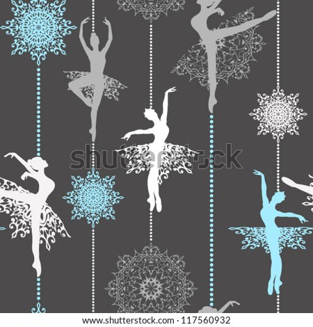 Pattern With Ballerinas And Snowflakes Retro Christmas Pattern Seamless