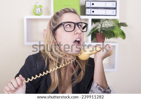 Business girl hanging with telephone cable