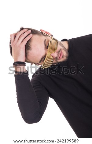 Handsome guy touching her hair wearing gold glasses