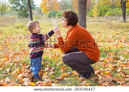 Little boy with his mother blowing up the soap bubbles in the autumn park