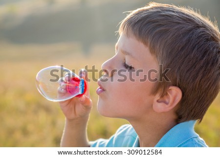 Portrait of boy blowing up the soap bubbles