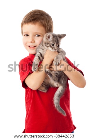 Similar – Image, Stock Photo Little boy and cat taking selfie with mobile phone on bed