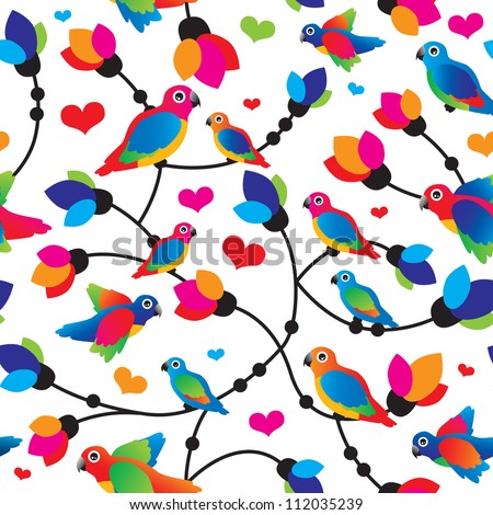 Seamless cute colorful parrot bird tropical illustration background pattern in vector