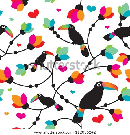 Seamless cute toucan bird tropical illustration background pattern in vector