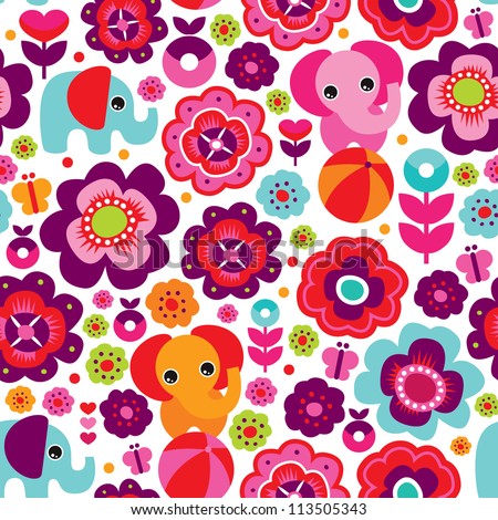 Seamless retro elephant, kids background pattern in vector
