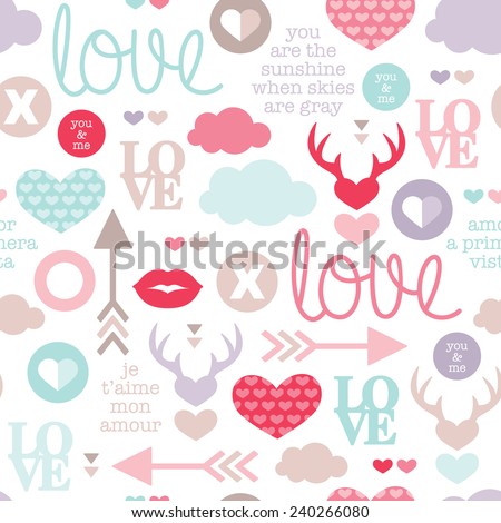 Seamless love romantic valentine hearts and sweet kiss illustration background pattern with lovers text in vector