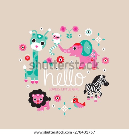 Hello little girl zoo and jungle animals postcard cover design for new born baby girls announcement or invitation