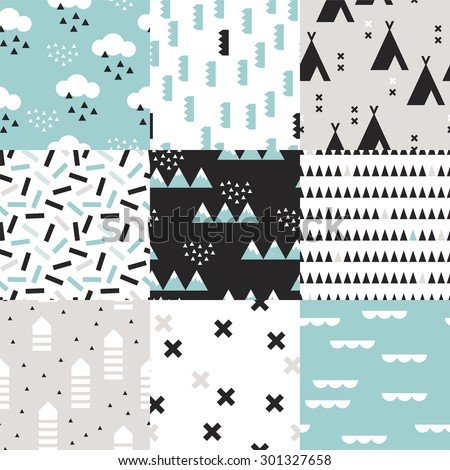 Seamless geometric woodland scandinavian abstract teepee tent plus sign cross confetti arrows and mountains illustration background set pattern in vector