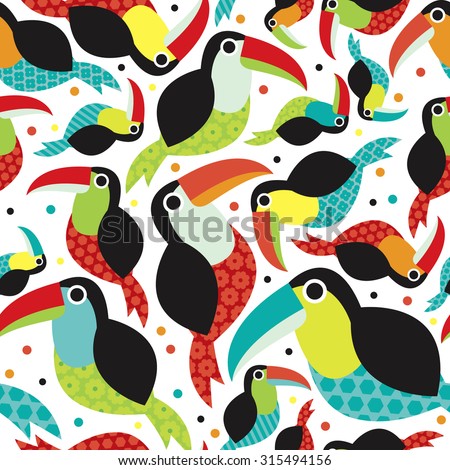 Seamless colorful gender neutral kids toucan birds tropical summer brazil jungle animals illustration background pattern in vector