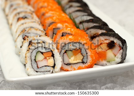 Japanese Maki (Roll) type sushi with crab, egg and cucumber