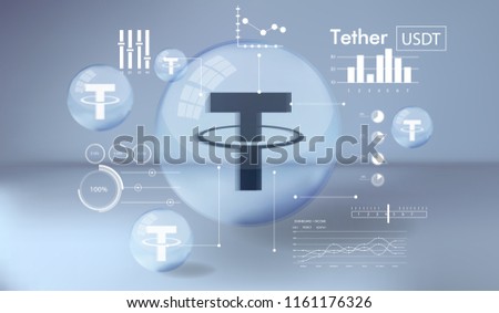 Cryptocurrency icon and info graphic with buble style on blue background:Tether icon