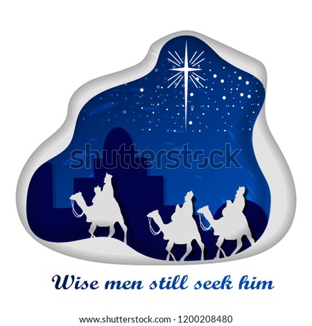 Birth of Jesus Christ on the Christmas day with Christian Nativity Scene of three wise men looking up at the star at night in Bethlehem paper art style