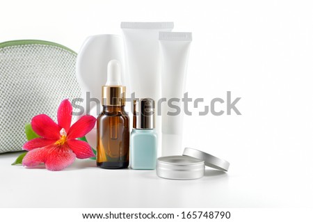 Daily, beauty care cosmetic isolated on white background. Face cream, eye cream, serum and lip balm. Skin care.