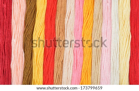 Colorful embroidery threads in a row. Warm colors background.