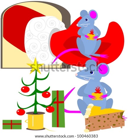 Christmas mice.  Cartoon illustration of mice, celebrating Christmas. Santa has a helping hand.