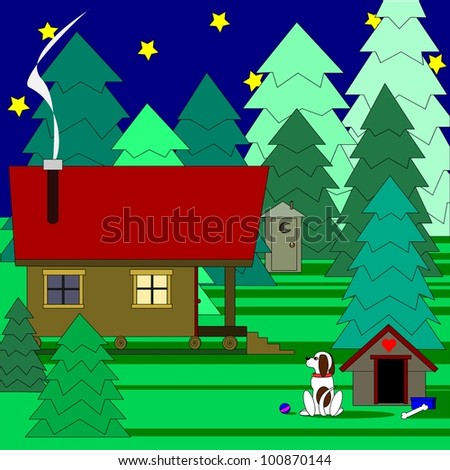 Vacation cabin in the woods.  Illustration of a small vacation cabin in the woods at night. The family dog waits outside.