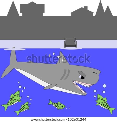 Cartoon shark and lake trout.  Cartoon illustration of a hungry shark and a family of lake trout that are startled.