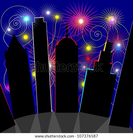 Forth in the city.  Illustration of a celebration on the forth of July with lots of fireworks.