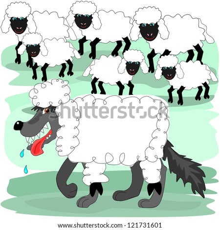 Wolf in sheep\'s clothing.  A wolf in sheep\'s clothing is wanting the sheep to come and play with him.