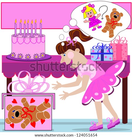 Birthday party girl.  A cartoon of little girl, at her birthday party, is wondering what her gift is. Is it a doll or a teddy bear?