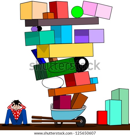 Balance.  Illustration of a stressed person trying to balance boxes and other items on a wheelbarrow.
