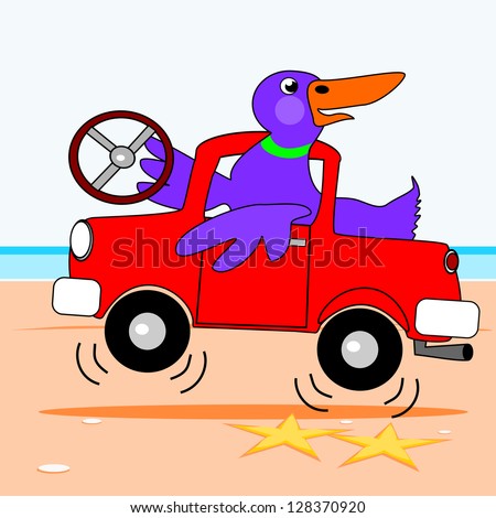 Duck driving a truck.  A duck is driving a truck by the sea.