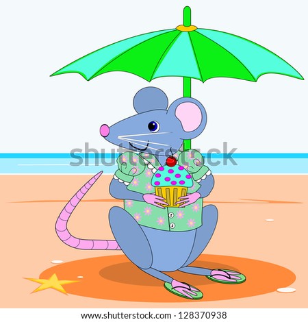 Mouse wearing a blouse.  A mouse that is wearing a blouse, is setting under the umbrella by the sea.