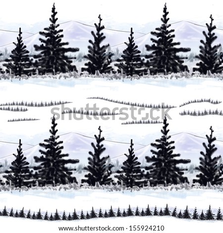 Trees and mountains.  Pine Trees and mountains make this pattern never ending.