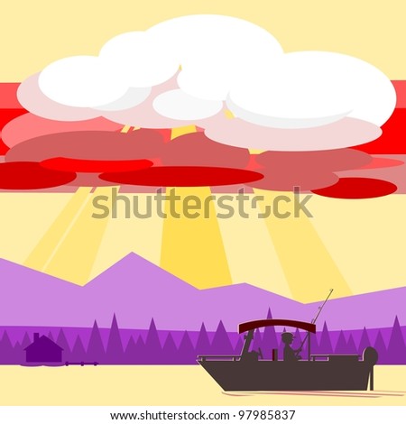 Sunrise fishing.  Illustration of a sunrise over a calm lake. The gentleman  already has his boat and  fishing pole in the water, ready to catch a fish.