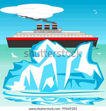 Iceberg and ship.  An iceberg and a ship are passing each other in the ocean.