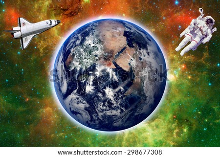 Rocket and astronaut in outer space against the backdrop of the earth And constellations. Elements of this image furnished by NASA