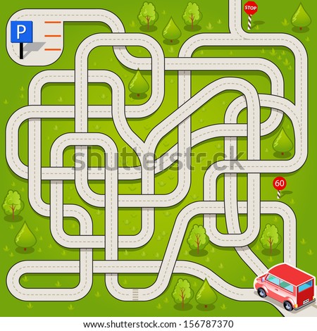 Vector Maze Game with Red Car and Complicated Way to the Parking. Tangled Road in the Forest