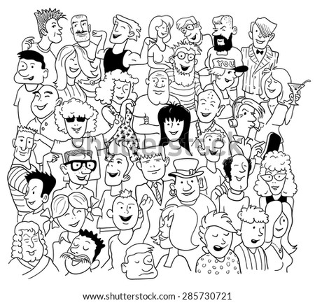 Black And White Sketch In Doodle Style. Group Of Funny People On White ...