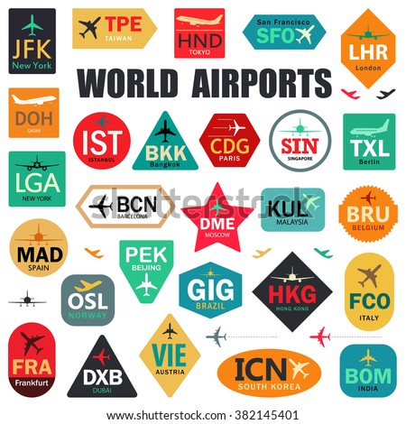 Set of Isolated Vector Tags with World Airport Codes. Mix of Airplane Labels. Vector Illustration for Travelers: Famous Airport Abbreviations on White