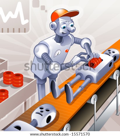 Funny Specialist Robot - Worker is Assembling another Robots on the Conveyor. Concept Illustration in Technological Style