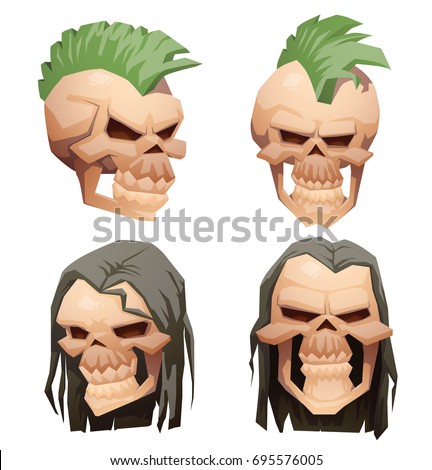 Vector set of cartoon images of different beige human skulls with green mohawk and black hair on a white background. Pirates, death, Halloween. Vector illustration.