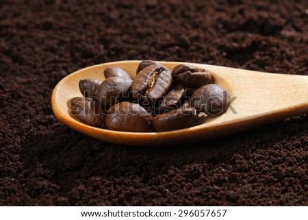 coffee beans in spoon on ground coffee