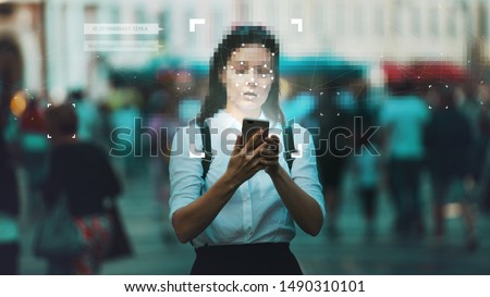 Smart technologies in your smartphone, collection and analysis of big data about person through mobile services and applications. Identification and privacy in context of modern digital technologies. 商業照片 © 