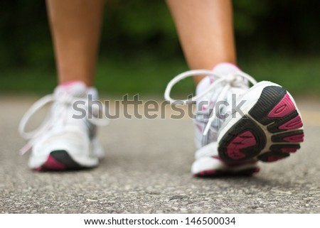 Running shoes close-up.  Female runner.