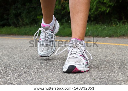 Running shoes close-up.  Female runner.