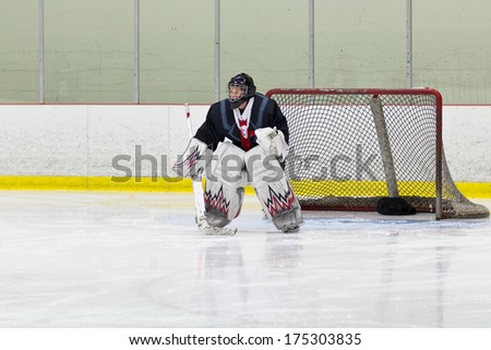 Goalie gets ready for the puck during an ice hockey game