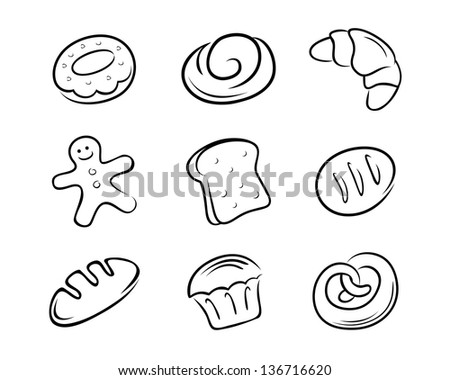Various bread and pastries in simple line art vector illustration