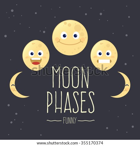 Funny set of cartoon moon phases, vector illustration
