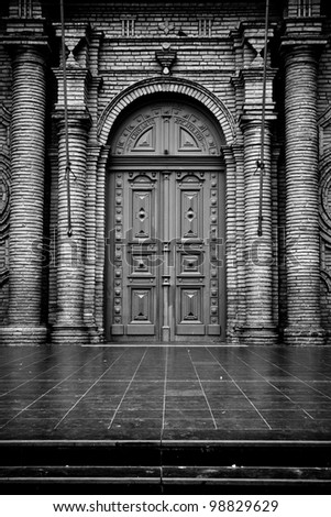 Atrium and entrance door of a Cathedral High contrast black and white photo of the Atrium and entrance door of the Cathedral of Santa Cruz - Bolivia