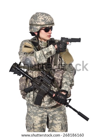 soldier aiming a gun  on white background
