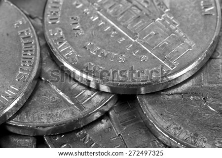 five cent coins, extra close up