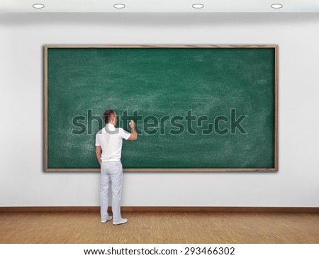 teacher drawing on blank green blackboard in room